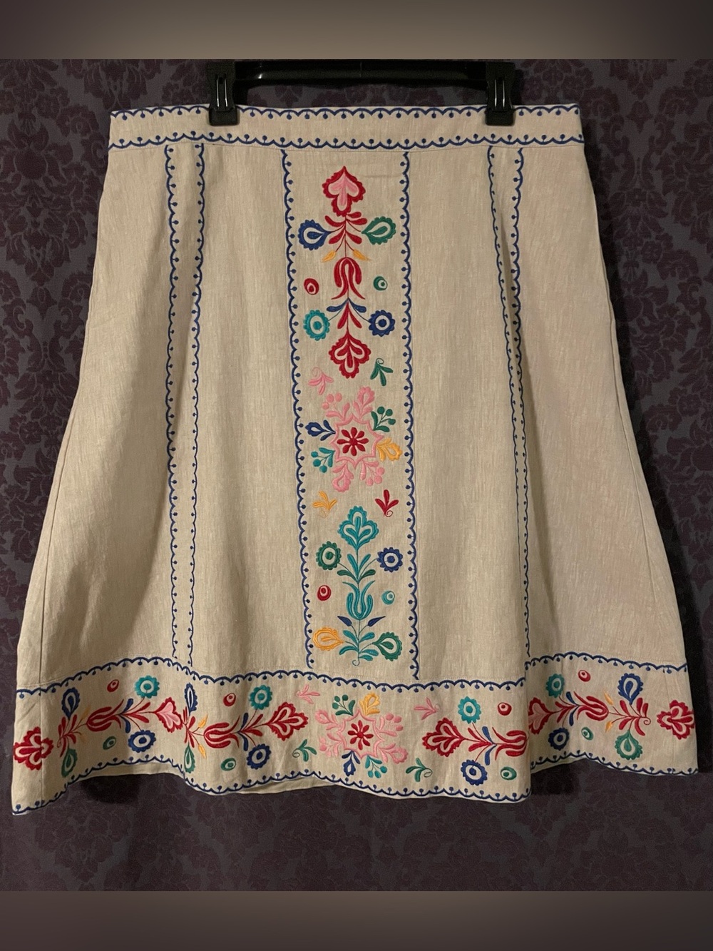 Boden Embroidered Cream Linen/Cotton blend A-Line Skirt Size 14R